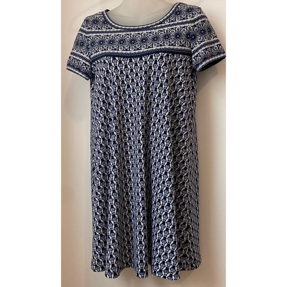 Max Studio Blue & White Floral Printed Short Sleeve Stretch Jersey Dress Sz XS